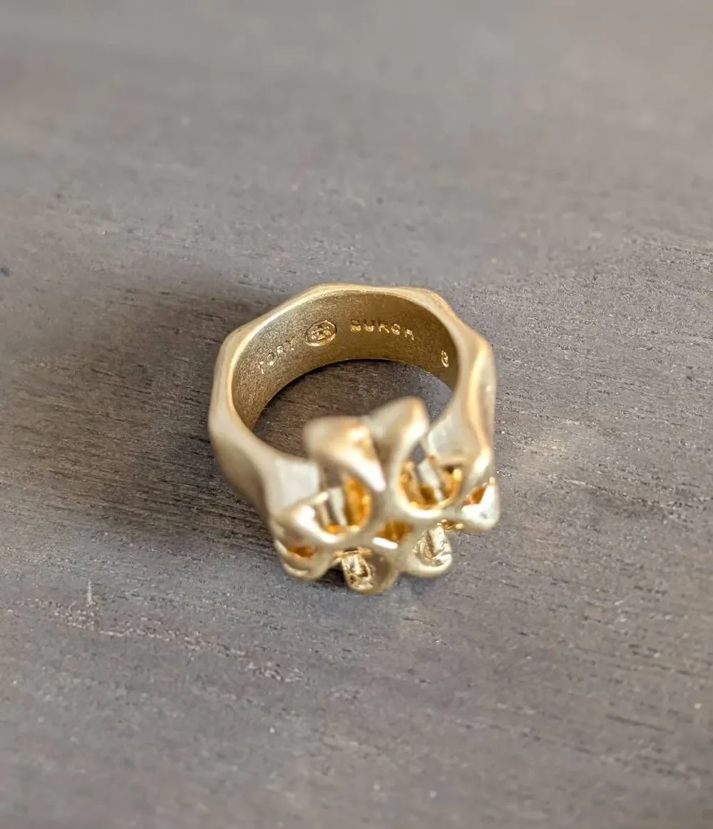 TORY BURCH Roxanne Gold Double T Logo Statement Ring Size 7